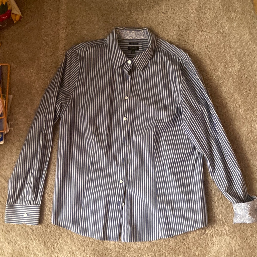 Talbots striped wrinkle resistant sleeve shirt 
with floral cuffs